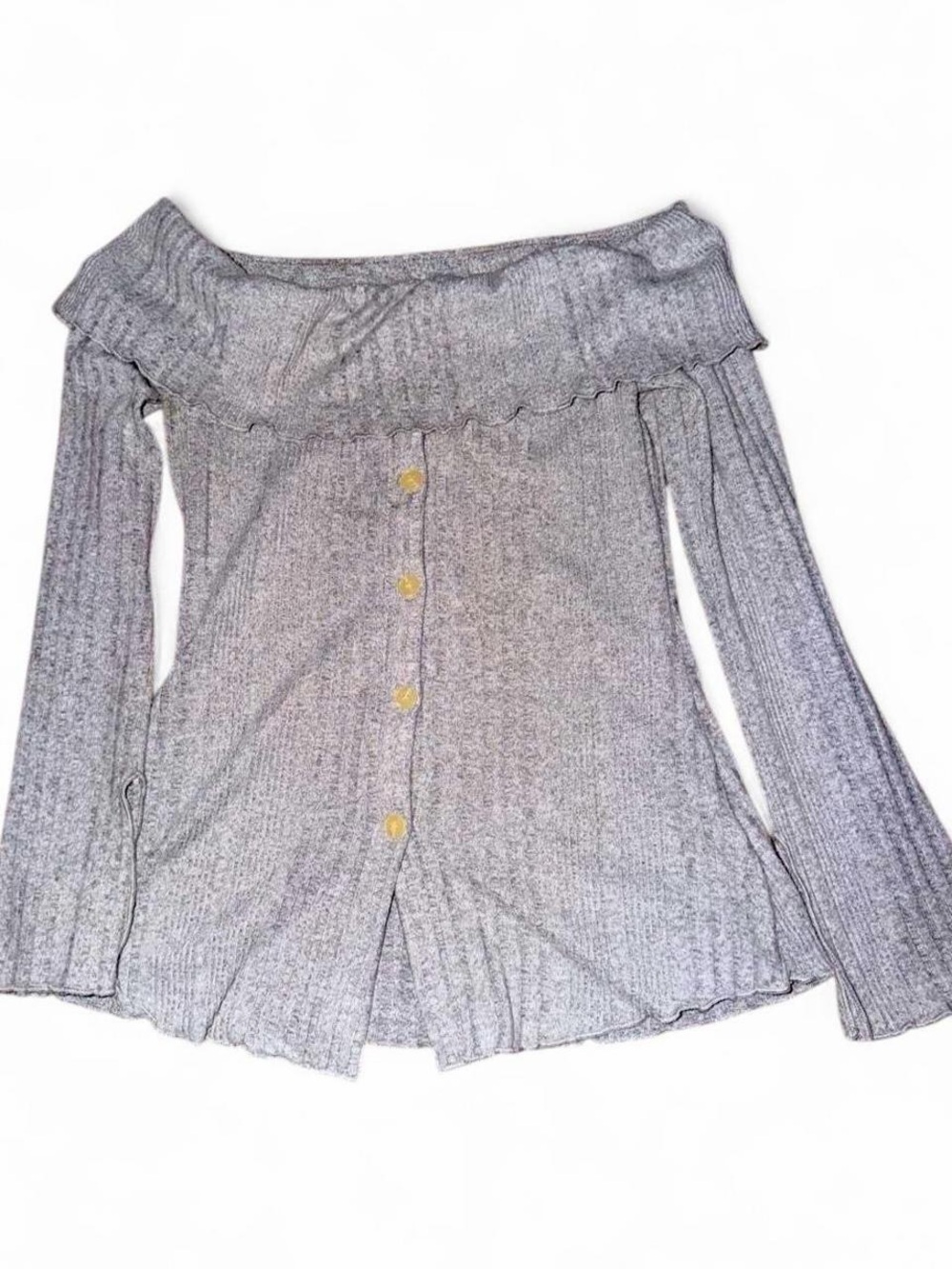 Ribbed Off-the-Shoulder Button Front Sweater - Gray